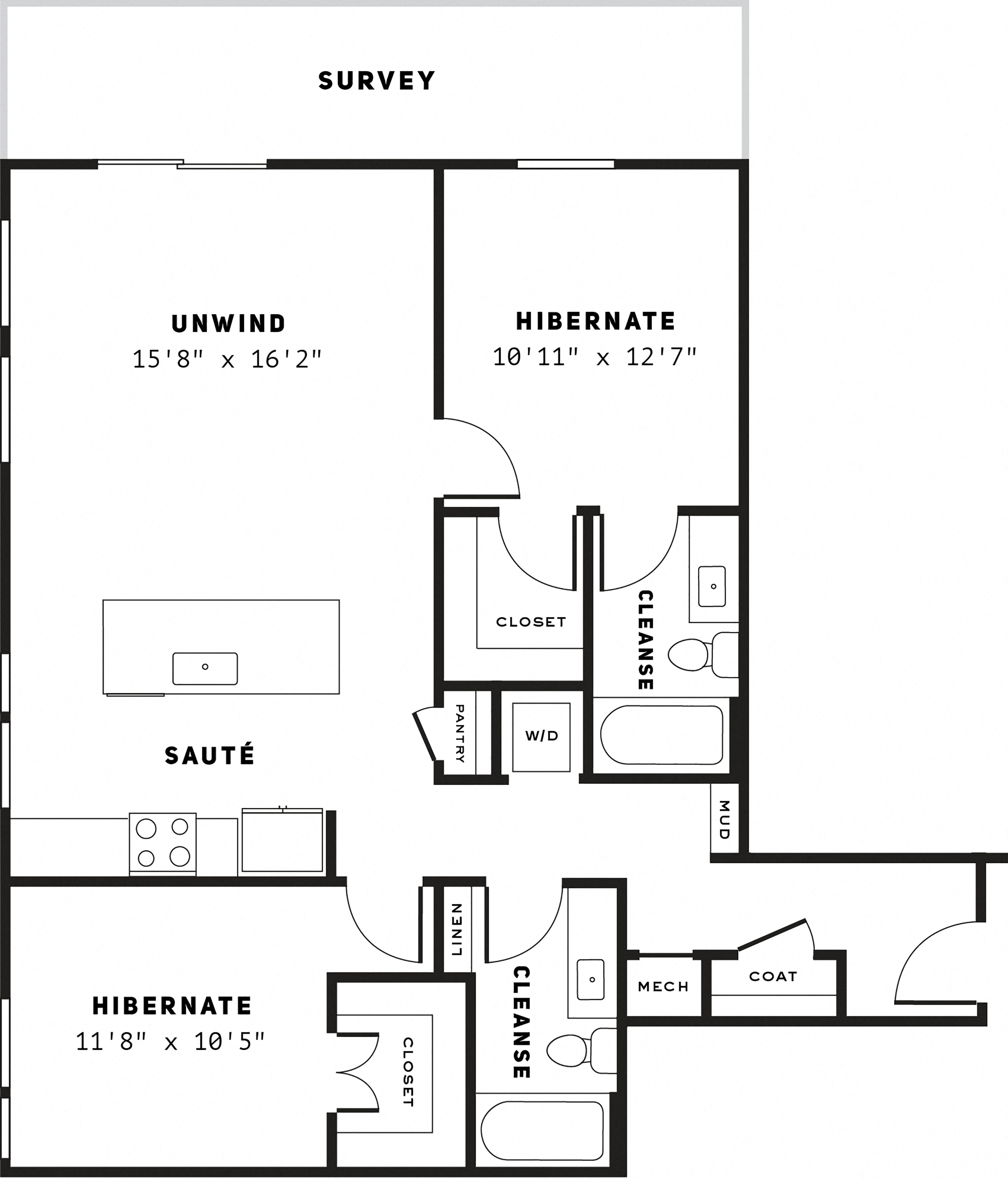 Floor plan for 2 beds, 2 baths, 1103 sqft